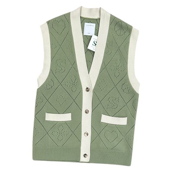 NWT Sandro Espoir Long Pointelle Knit Vest in Green - Picture 4 of 6